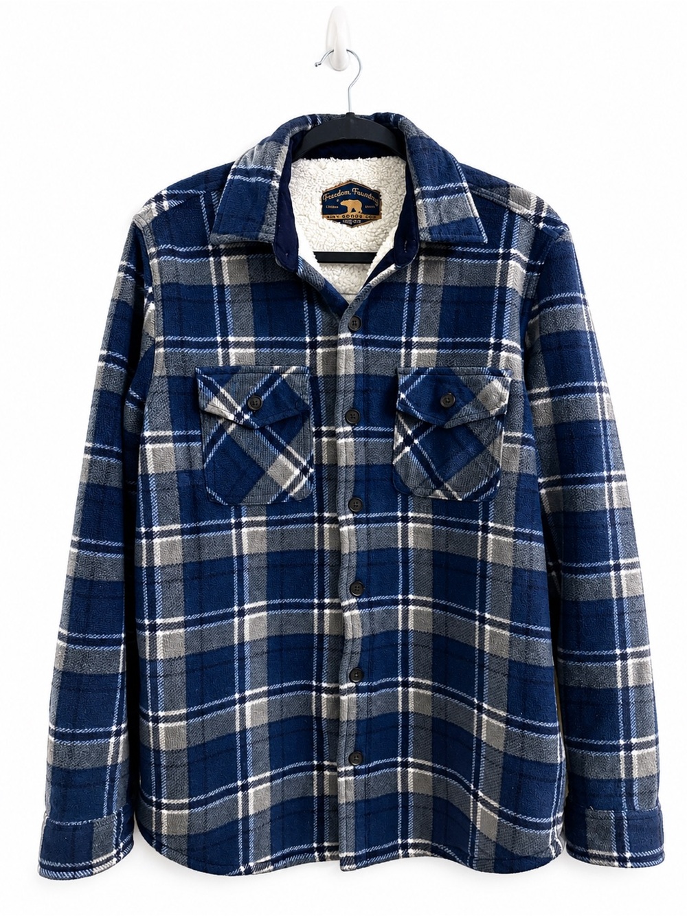Freedom Foundry Sherpa Lined Plaid Shacket Blue Gray Men’s S